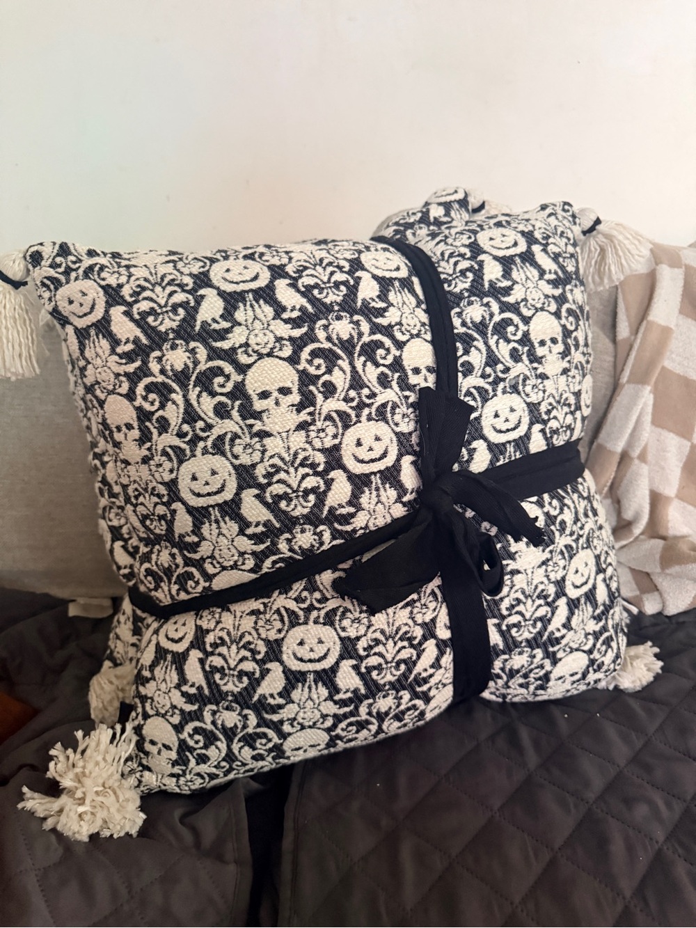 Cynthia Rowley Black and Cream Skull & Pumpkin Jacquard Throw Pillow set of 2.